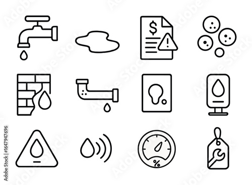 Water Leak Icons. Outline icon set of water leakage indicators: dripping faucet, puddle icon, high bill alert,