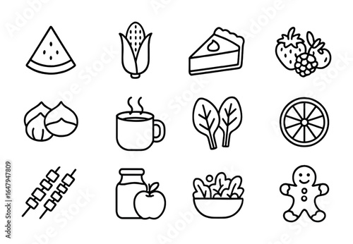 Seasonal Food Icons. Outline icon set of seasonal food: watermelon, corn on cob, pumpkin pie, fresh berries,