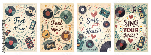 Colorful retro music posters featuring vinyl records and playful typography, celebrating love for music.