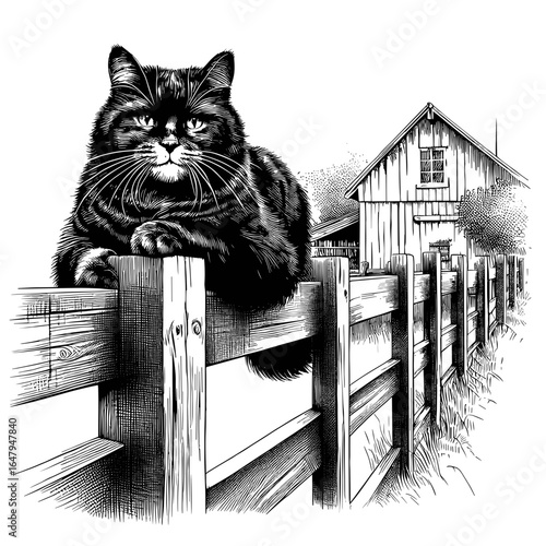 Black cat sitting on fence by barn