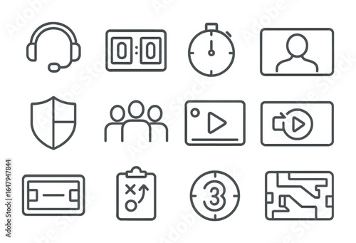 Esports Icon Set. Outline icon set of esports broadcasting: shoutcaster mic, scoreboard, event timer, player