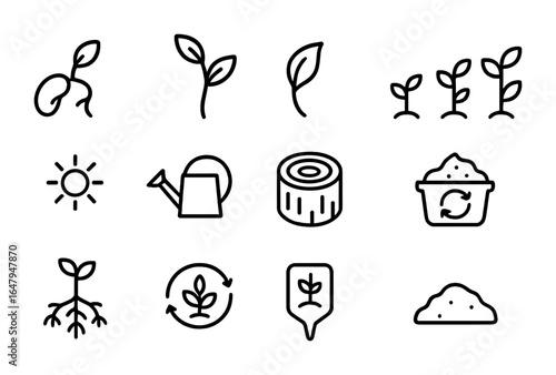 Botanical Growth Icons. Outline icon set of botanical growth: seed sprouting, young shoot, leaf unfurling,