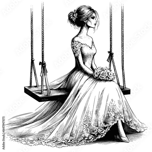 Bride Sitting on Swing in Wedding Dress
