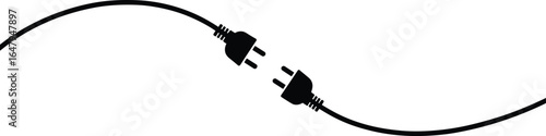 Curved electrical cable with connectors, black silhouette, isolated vector illustration, power wire design, technology element