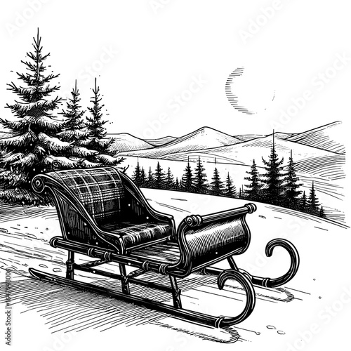 Vintage sleigh in black-and-white sketch style depicting a wintry nighttime snowy landscape for holidays