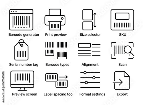 Barcode Icon Set. Outline icon set of barcode label creation: barcode generator, print preview, size selector,