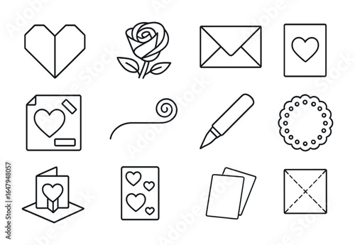 Valentine's Paper Crafts Icons. Outline icon set of Valentine's paper crafts: origami heart, paper rose,