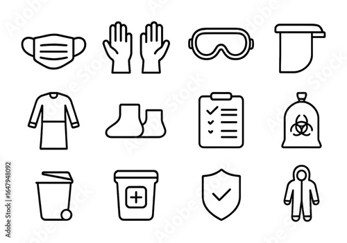 PPE Icon Set. Outline icon set of personal protective equipment: surgical mask, gloves, goggles, face shield,