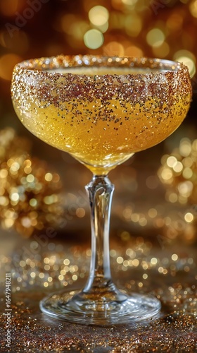 Sparkling Cocktail With Golden Glitter Served in an Elegant Glass on a Festiv...