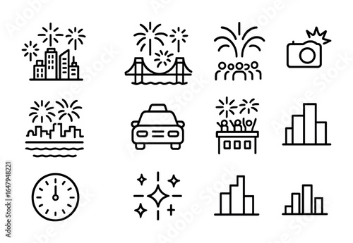 City Celebration Icons. Outline icon set of city skyline fireworks: skyscrapers, bridge silhouette, crowd in