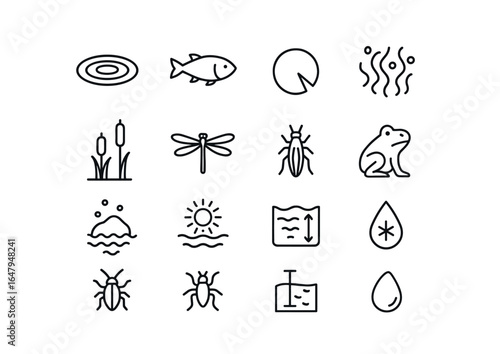Clear Lake Icons. Outline icon set of clear lake ecosystems: water ripple, fish, lily pad, reeds, dragonfly,