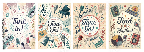 Colorful music-themed illustrations featuring various instruments and uplifting messages.