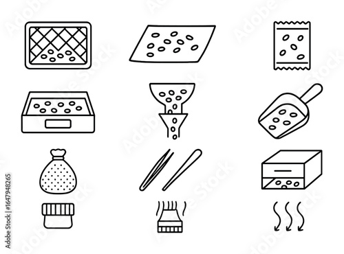 Seed Processing Icons. Outline icon set of drying and sorting seeds: mesh screen, drying paper, desiccant pack