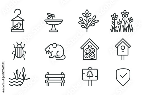 Backyard Biodiversity Icons. Outline icon set of backyard biodiversity: bird feeder, bee bath, native bush,