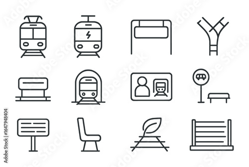 Sustainable Rail Transport Icons. Outline icon set of rail-based sustainable transport: light rail icon,