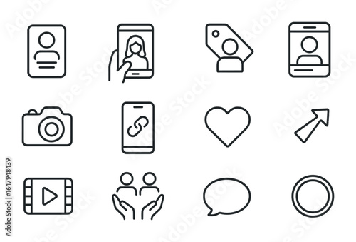Influencer Campaign Icons. Outline icon set of influencer mobile campaigns: influencer profile, phone selfie,