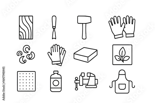 Wood Carving Icon Set. Outline icon set of wood carving art: wood plank, gouge tool, carving mallet, whittling