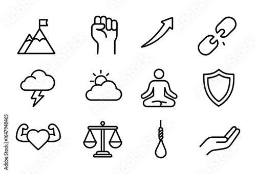 Resilience Icon Set. Outline icon set of resilience in adversity: mountain peak, clenched fist, rising arrow,