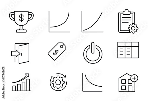 Market Behavior Icons. Outline icon set of firm behavior in markets: profit goal, cost curve, marginal revenue