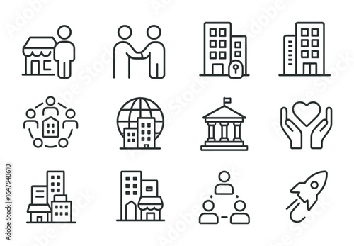 Market Structure Icons. Outline icon set of firm types in market structure: sole proprietor, partnership firm,