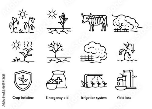 Climate Impact Icons. Outline icon set of climate impact on agriculture: failed crops, stunted corn, dry