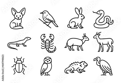 Desert Fauna Icons. Outline icon set of dry ecosystem fauna: desert fox, cactus wren, jackrabbit, rattlesnake,