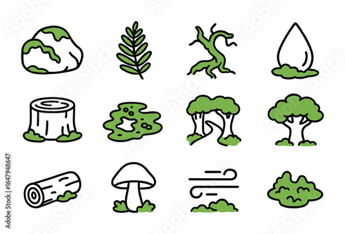 Mossy Forest Icons. Outline icon set of mossy forests: moss-covered rock, fern leaf, twisted root, dew drop,
