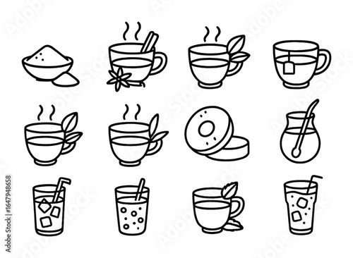 Global Tea Icons. Outline icon set of global tea types: matcha, chai, oolong, black tea, green tea, white tea,
