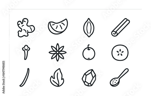 Tea Blend Ingredients. Outline icon set of tea blends and ingredients: ginger root, orange peel, cardamom pod,