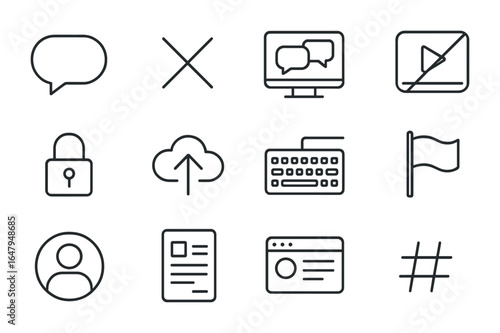 Digital Rights Icons. Outline icon set of online speech rights: comment bubble, censorship cross, digital