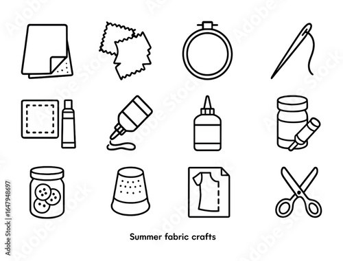 Summer Fabric Crafts Icons. Outline icon set of summer fabric crafts: felt sheet, fabric scraps, embroidery