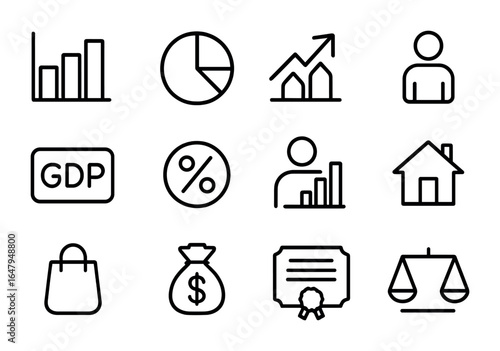 Economic Icons Grid. Outline icon set of economic indicators: bar graph, pie chart, inflation arrow,