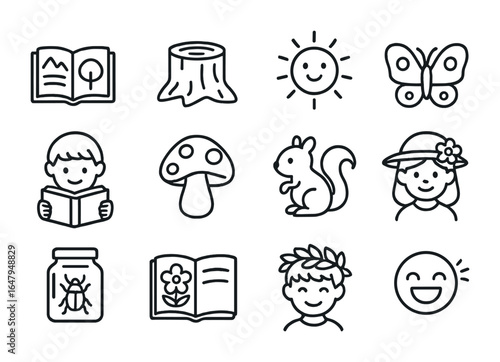 Children's Nature Icons. Outline icon set of children’s nature reading: picture book, tree stump, cartoon sun,