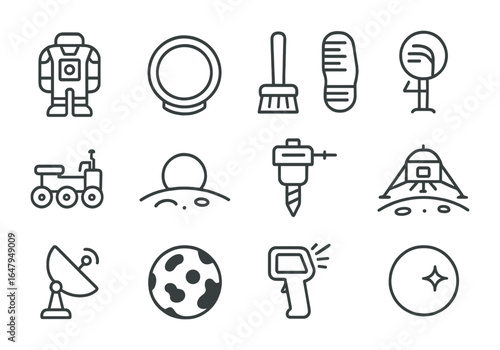 Moonwalk Preparation Icons. Outline icon set of moonwalk preparations: lunar suit, helmet ring, dust brush,