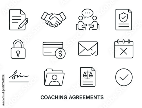 Coaching Icon Set. Outline icon set of coaching agreements: contract icon, handshake, session terms, policy