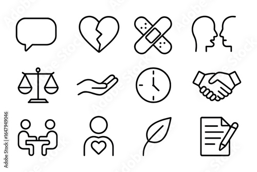 Conflict Resolution Icons. Outline icon set of resolving conflicts: speech bubble, broken heart, patch icon,