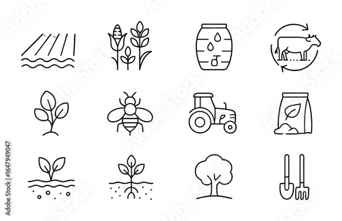 Sustainable Farming Icons. Outline icon set of sustainable farming: no-till field, crop diversity, rainwater