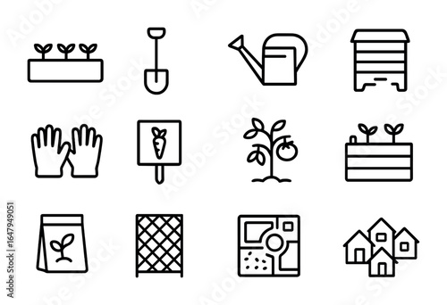 Community Garden Icons. Outline icon set of community gardens: garden bed, shovel icon, watering can, compost