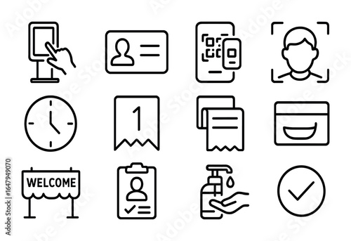 Check-In Signage Icons. Outline icon set of check-in station signage: touchscreen kiosk, digital ID, QR scan