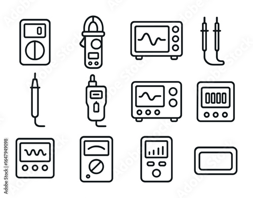 Electrical Measuring Icon Set. Outline icon set of electrical measuring devices: multimeter, clamp meter,
