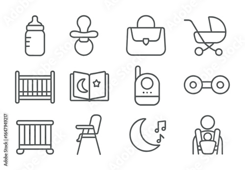 Childcare Essentials Icons. Outline icon set of childcare and parenting solutions: baby bottle, pacifier,