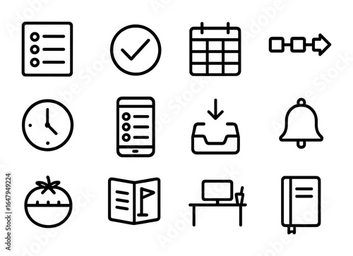 Productivity Icons Grid. Outline icon set of personal productivity: to-do list, task check, calendar grid,