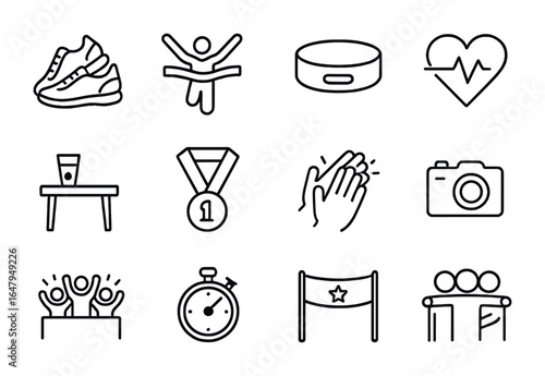 Marathon Icons Grid. Outline icon set of marathon win moment: running shoes, finish ribbon, sweat band, heart