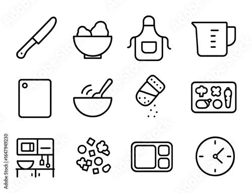 Kitchen Prep Icon Set. Outline icon set of meal prep in the kitchen: chopping knife, ingredient bowl, apron,