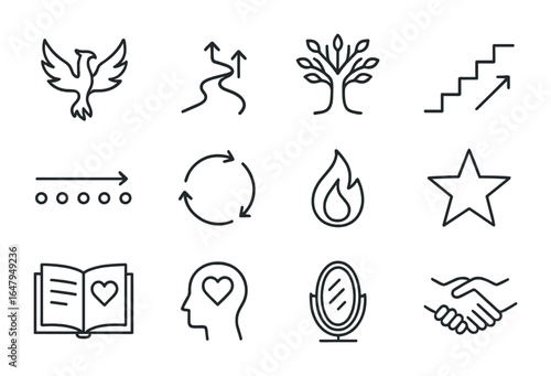 Resilience Icon Set. Outline icon set of trauma and resilience: phoenix icon, rising path, strength tree,