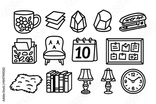 Eclectic Workspace Icons. Outline icon set of eclectic workspace aesthetics: floral mug, layered sticky notes,