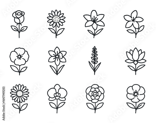 Flower Symbolism Icons. Outline icon set of flower symbolism: love (rose), friendship (sunflower), peace