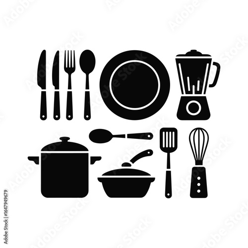 Collection of kitchen utensils and appliances silhouettes