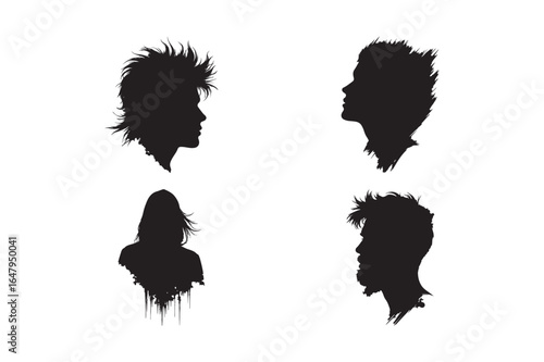 Four abstract black silhouette profiles of heads with textured hair