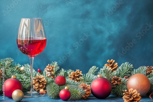 Festive Holiday Decorations With Red Wine Glass and Colorful Ornaments on Blu...